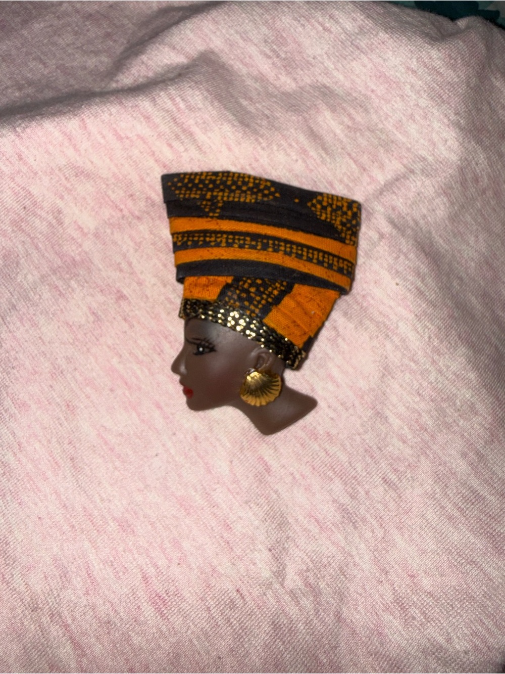 African Headwrap Brooch Pin in Orange and Black